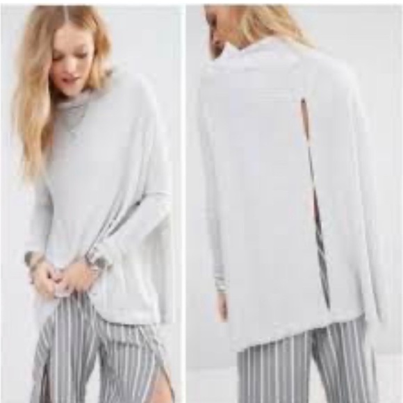 Free People We The Free Ribbed Gray Mock Neck Open Split Back Tunic Sweater - Picture 1 of 4